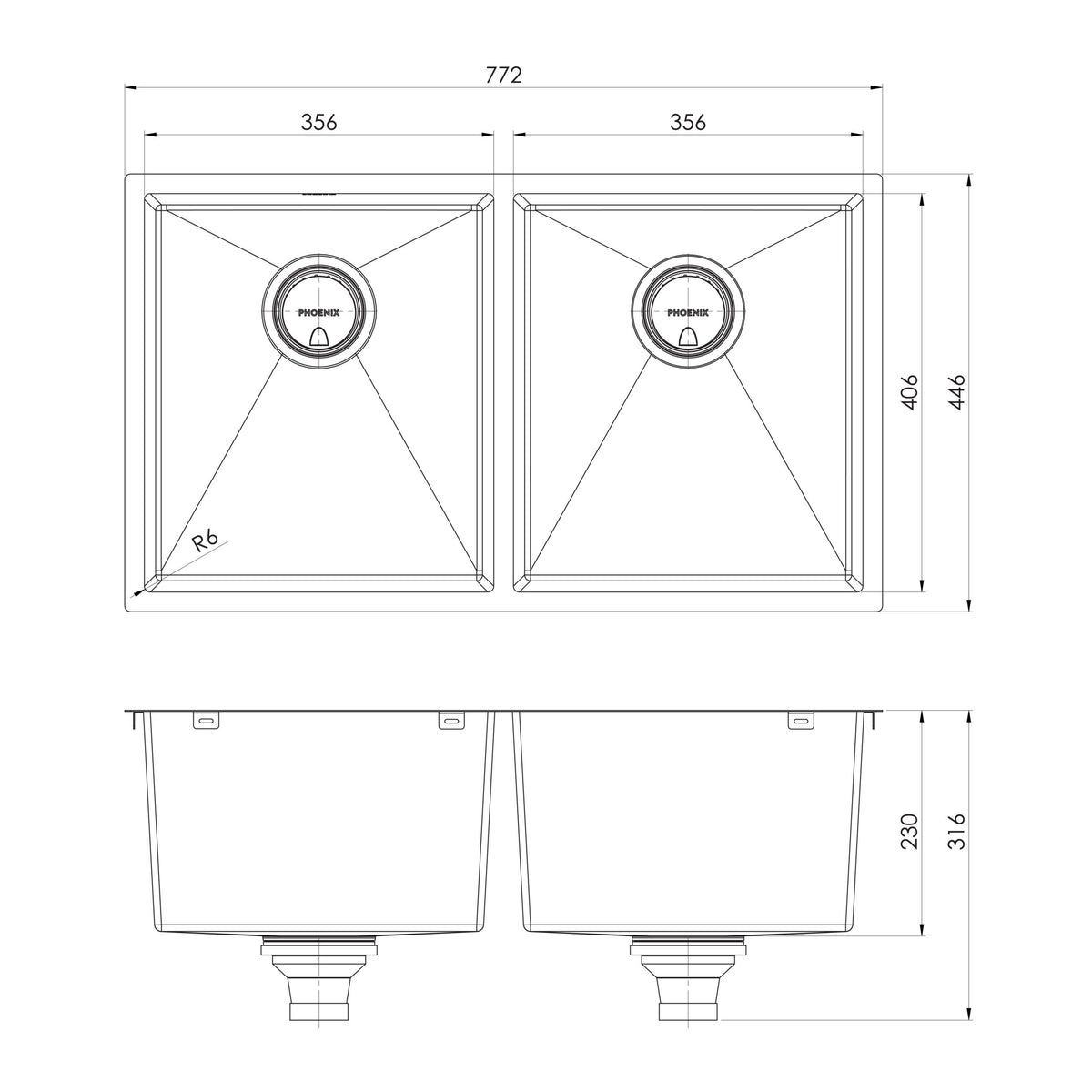 Series Double Bowl Under_Over Sink _ scaled line drawing