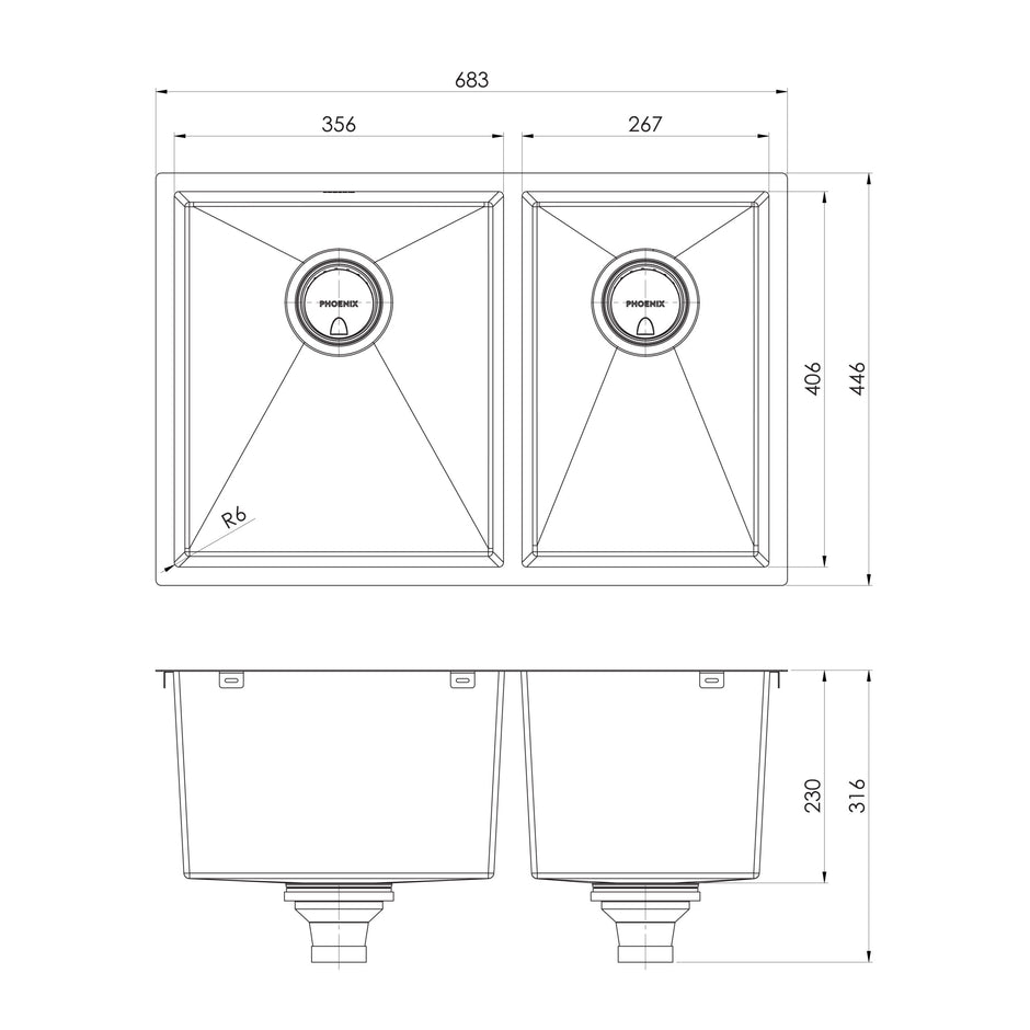 Series 1 3_4 LH Bowl Under_Over Sink _ scaled line drawing