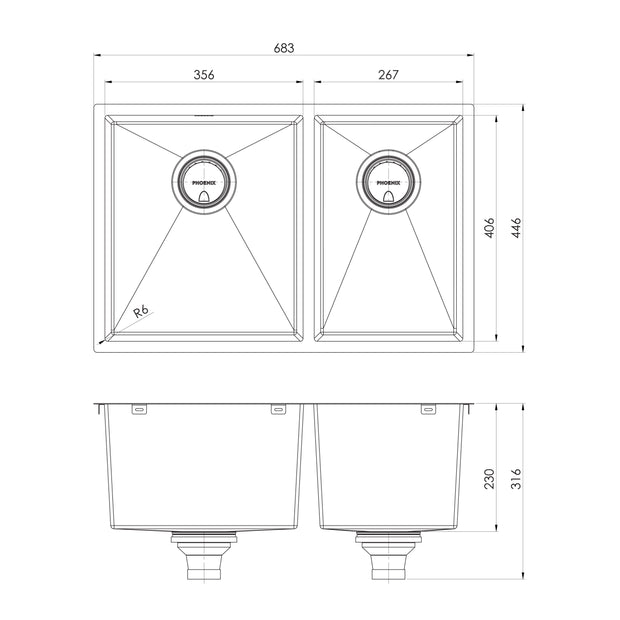 Series 1 3_4 LH Bowl Under_Over Sink _ scaled line drawing