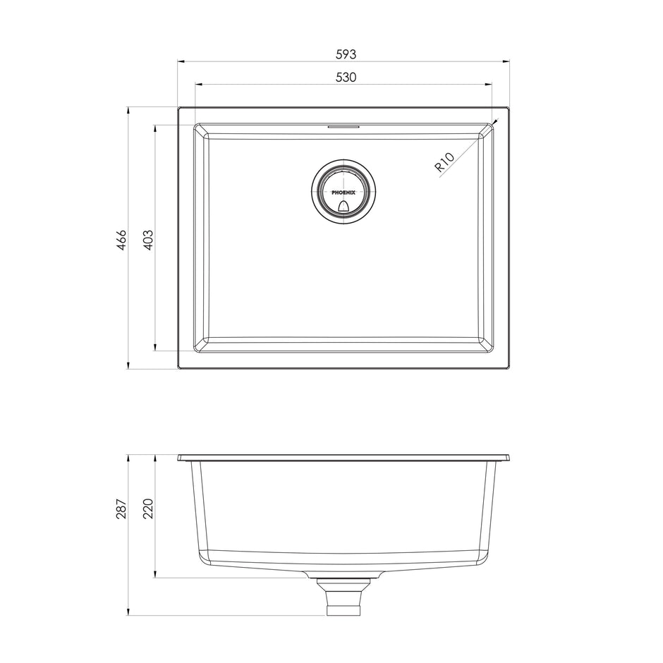 Series Large Single Bowl Under_Over Sink _ scaled line drawing