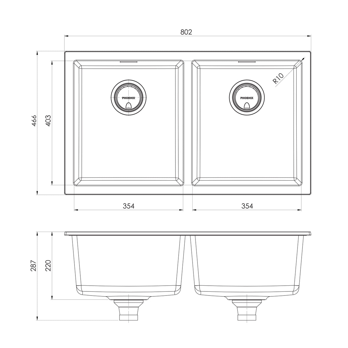 Series Double Bowl Under_Over Sink _ scaled line drawing