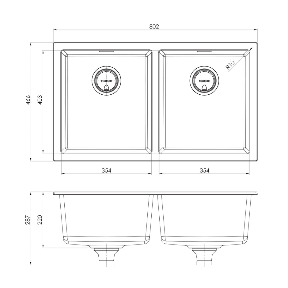 Series Double Bowl Under_Over Sink _ scaled line drawing