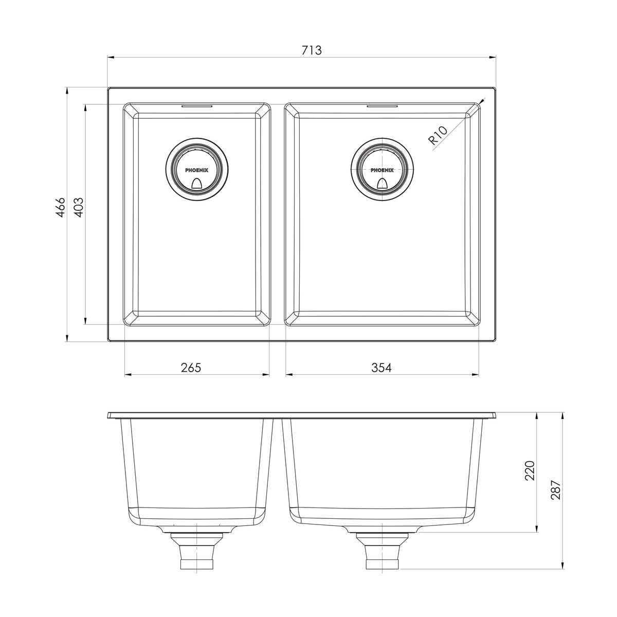 Series 1 3_4 RH Bowl Under_Over Sink _ scaled line drawing