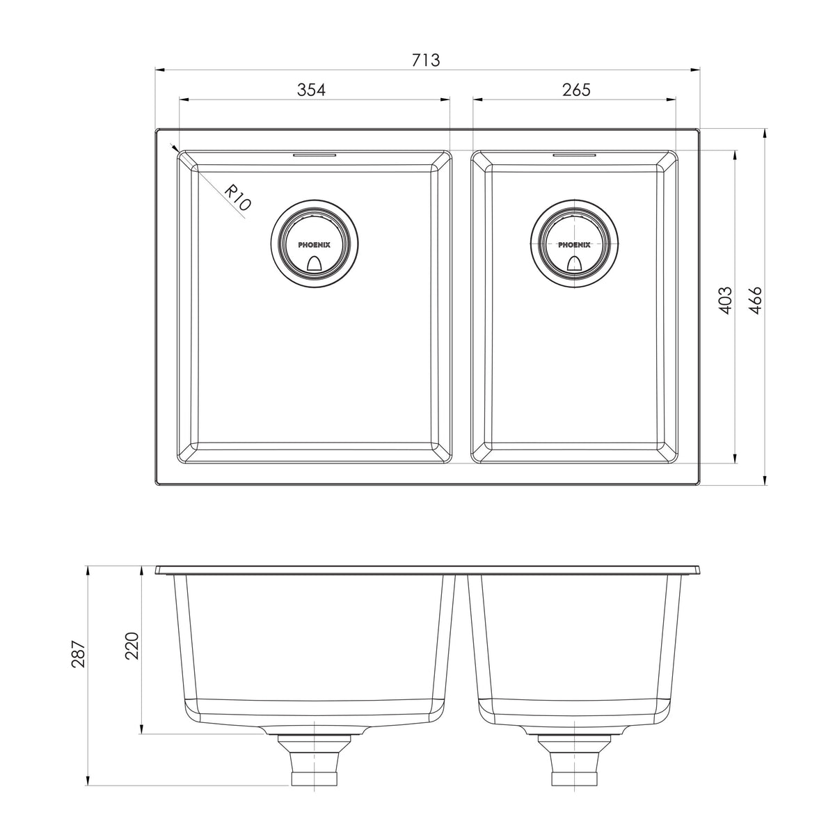 Series 1 3_4 LH Bowl Under_Over Sink _ scaled line drawing