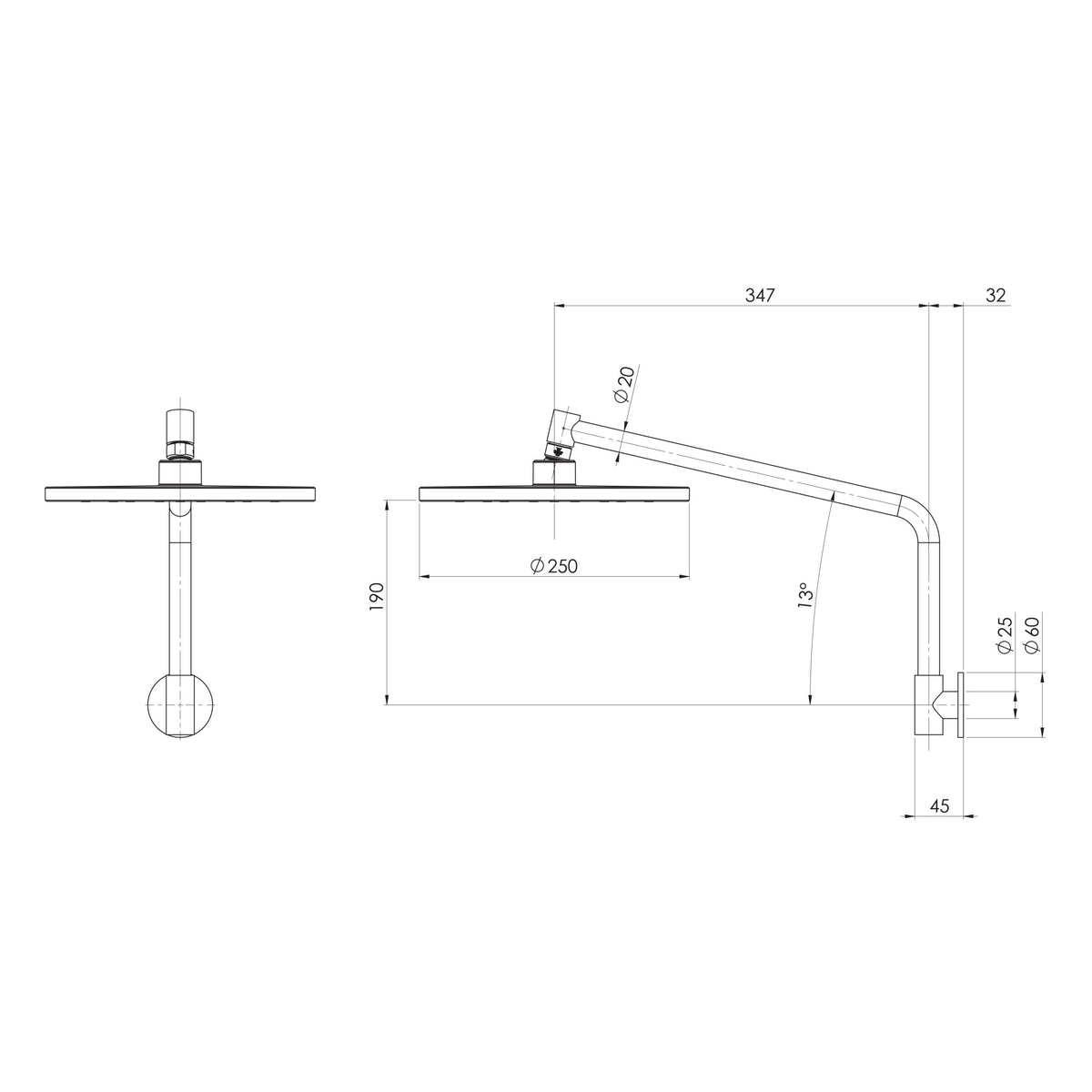 Ormond High Rise Shower Arm Rose  scaled line drawing