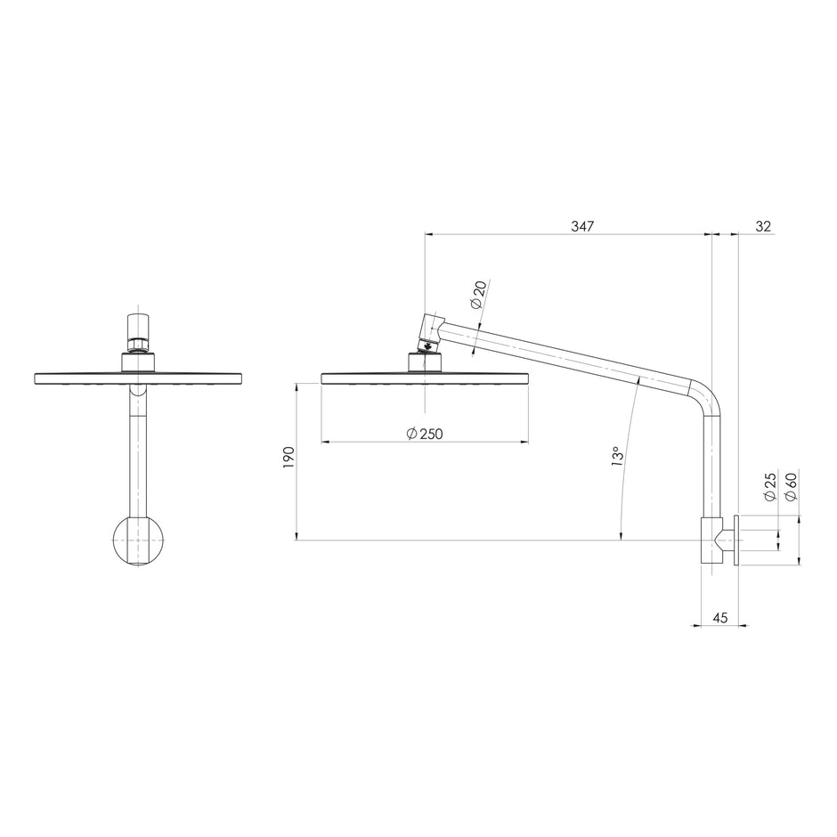 Ormond High Rise Shower Arm Rose  scaled line drawing