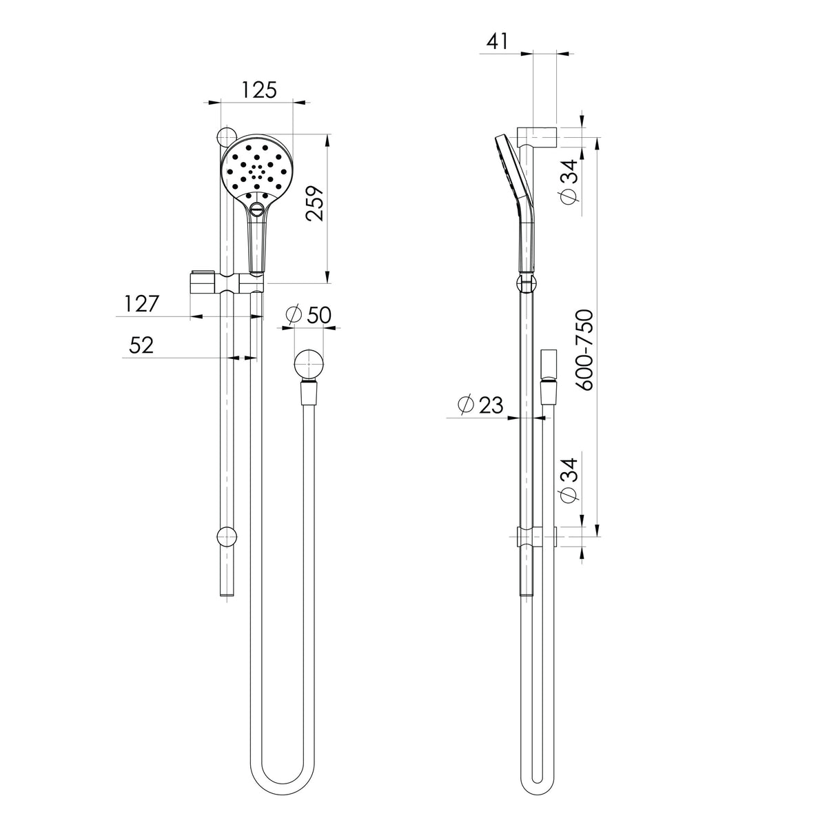 Ormond Rail Shower  scaled line drawing