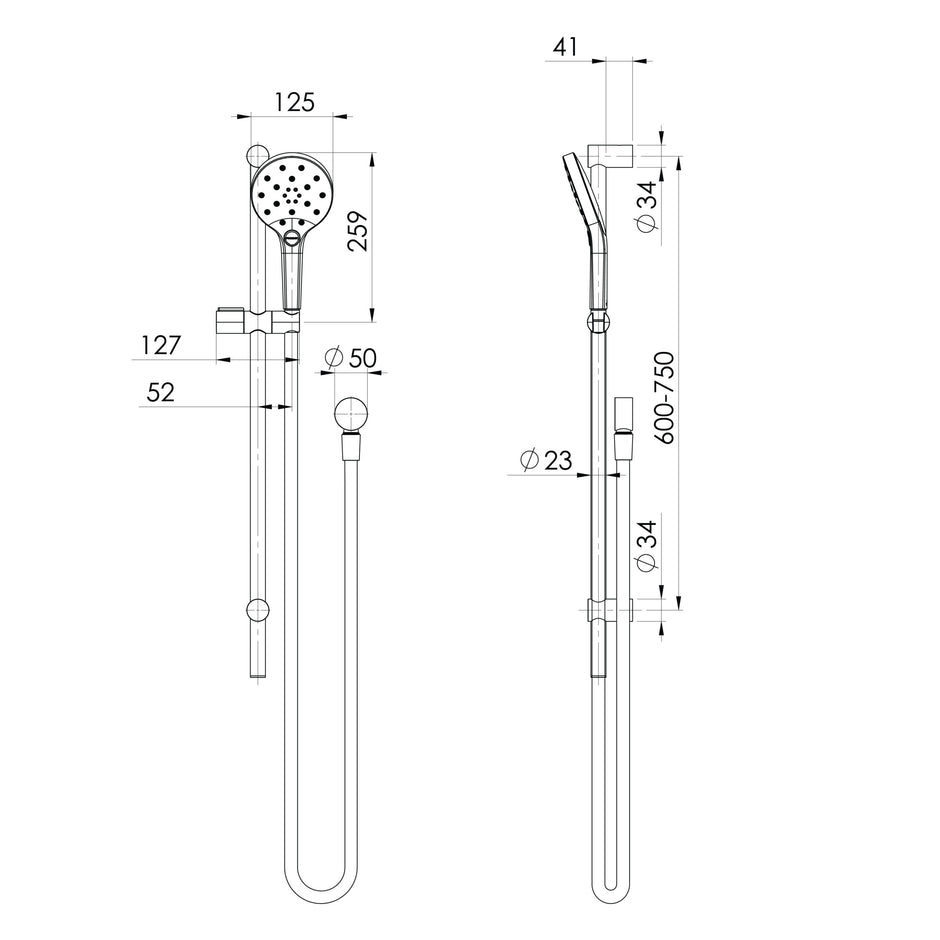 Ormond Rail Shower  scaled line drawing