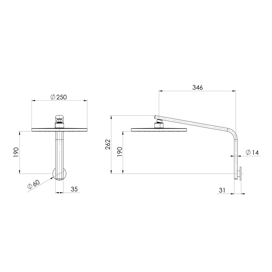 Oxley Hi Rise Shower Arm Rose  scaled line drawing