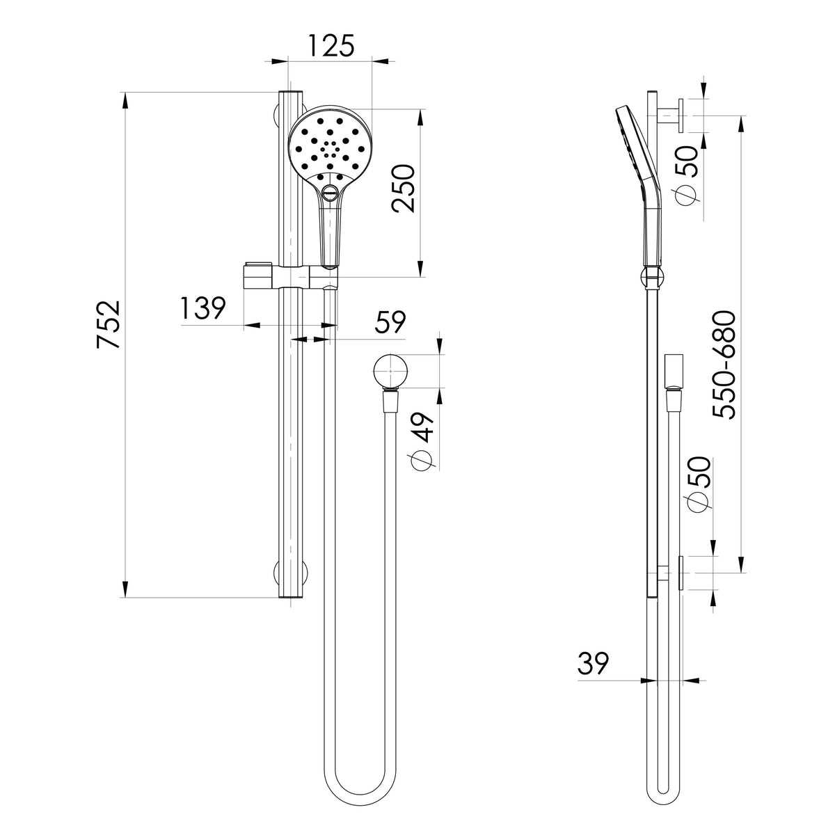 Phoenix Oxley Rail Shower line drawing