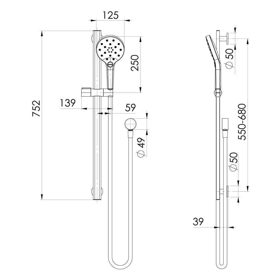 Phoenix Oxley Rail Shower line drawing