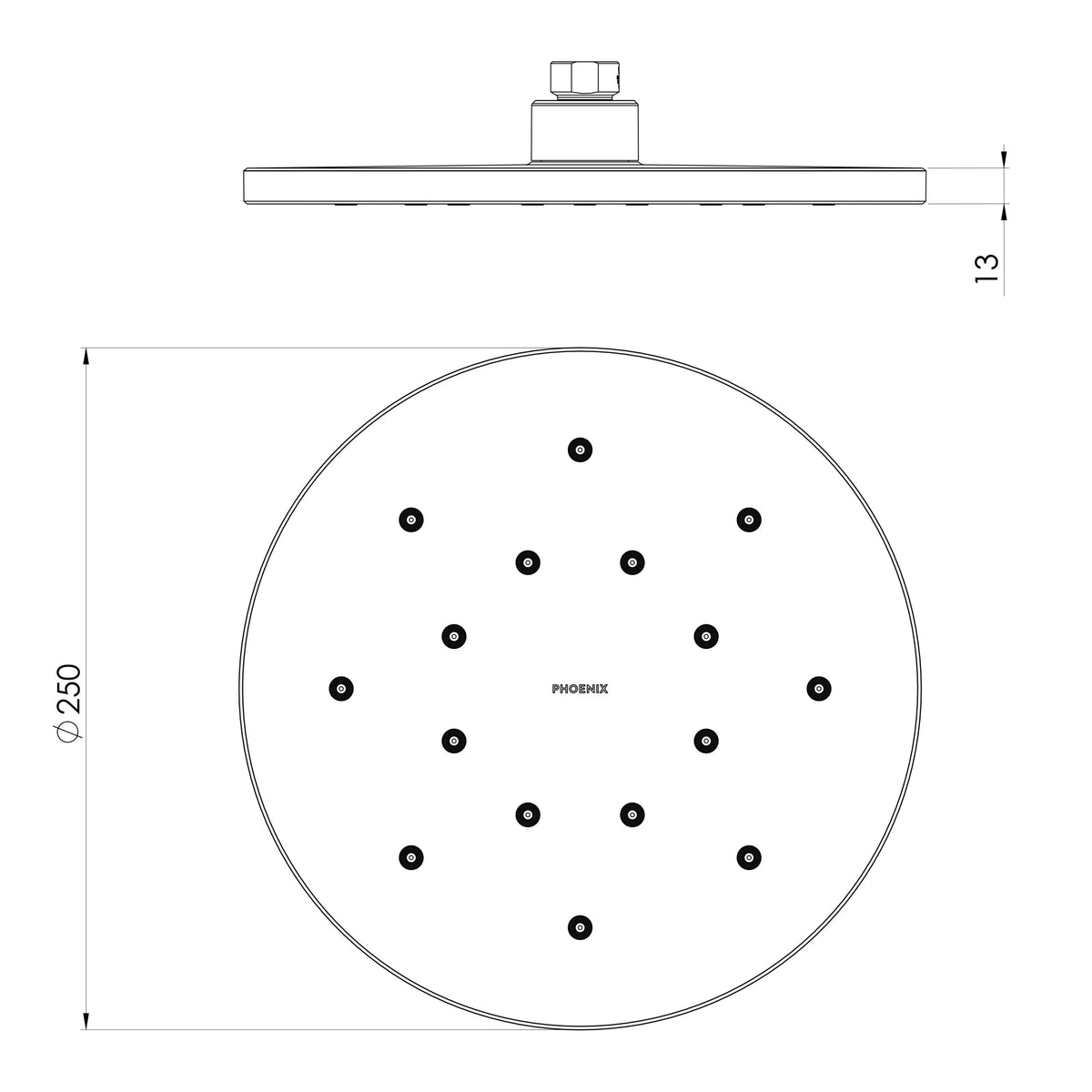 LuxeXP Round Shower Rose  scaled line drawing