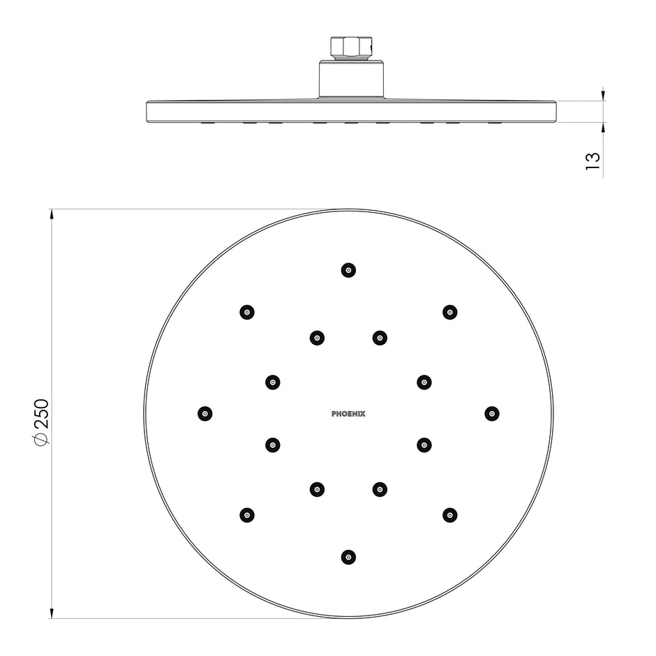 LuxeXP Round Shower Rose  scaled line drawing