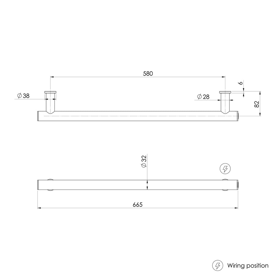 Phoenix Heated Towel Rail Round 600mm  scaled line drawing
