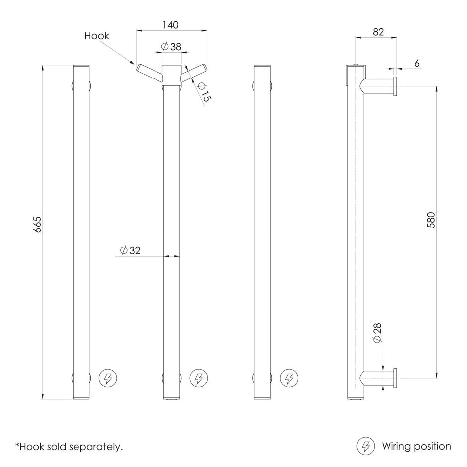 Phoenix Heated Towel Rail Round Triple 600mm  scaled line drawing