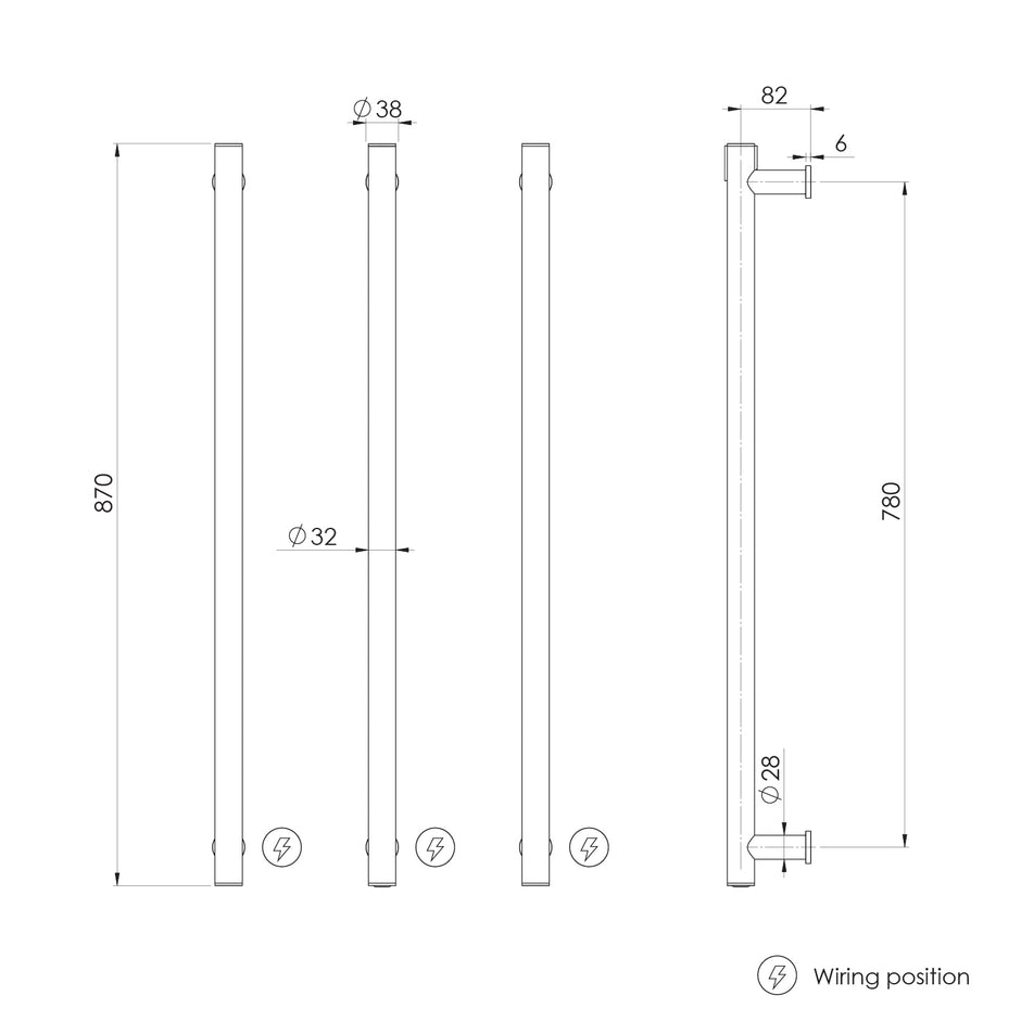 Phoenix Heated Towel Rail Round Triple 800mm _v2 line drawing