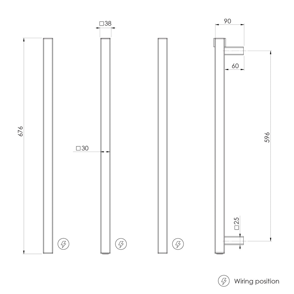 Phoenix Heated Towel Rail Square Triple 600mm _v2 line drawing