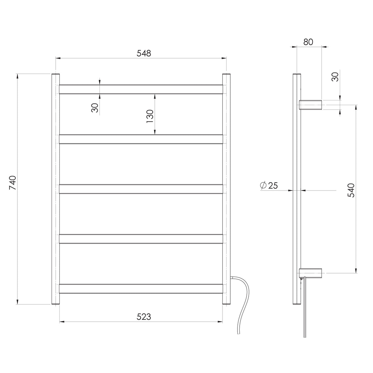 Phoenix 5 Flat Bar Heated Towel Ladder 550mm x 740mm  scaled line drawing