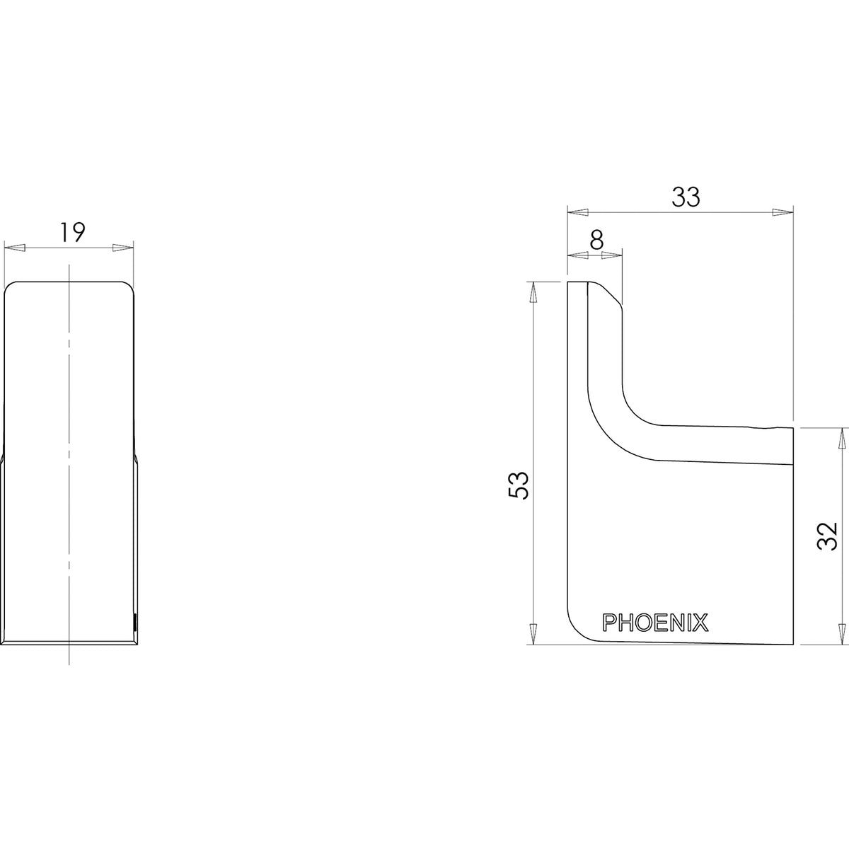 Phoenix Gloss Robe Hook in Brushed Bronze bathroom accessory line drawing