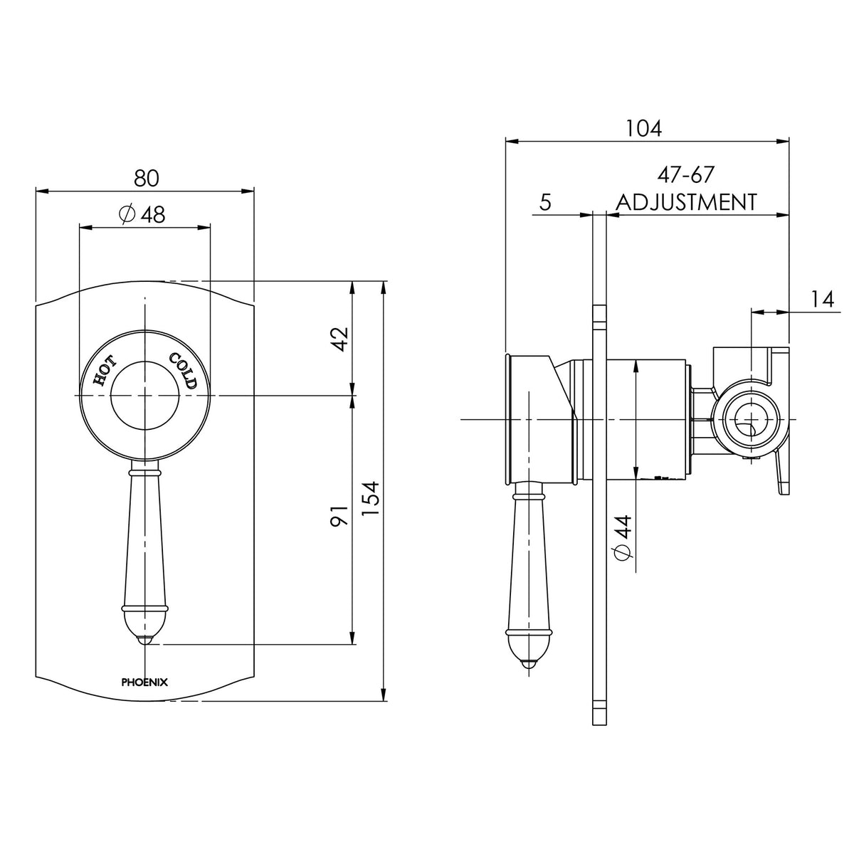 Phoenix Nostalgia Shower / Wall Mixer line drawing