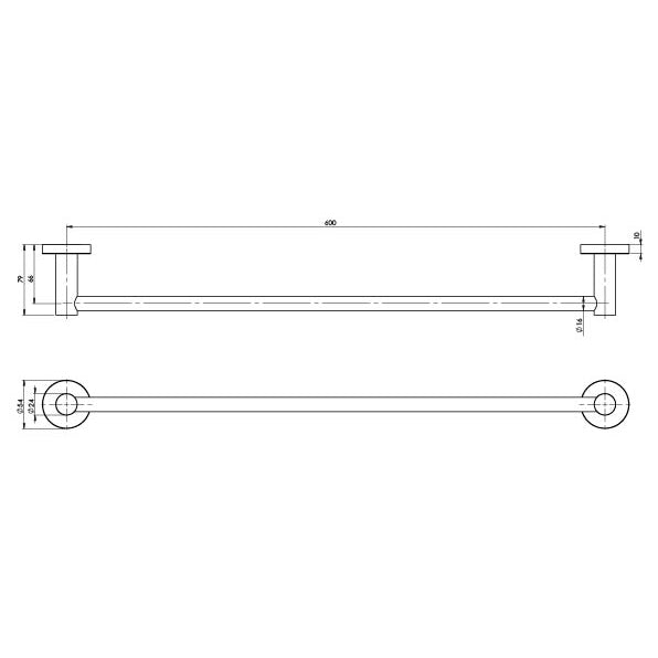 RA804_Radii_Single_Towel_Rail_600mm_Round_Plate_Line_Drawing line drawing