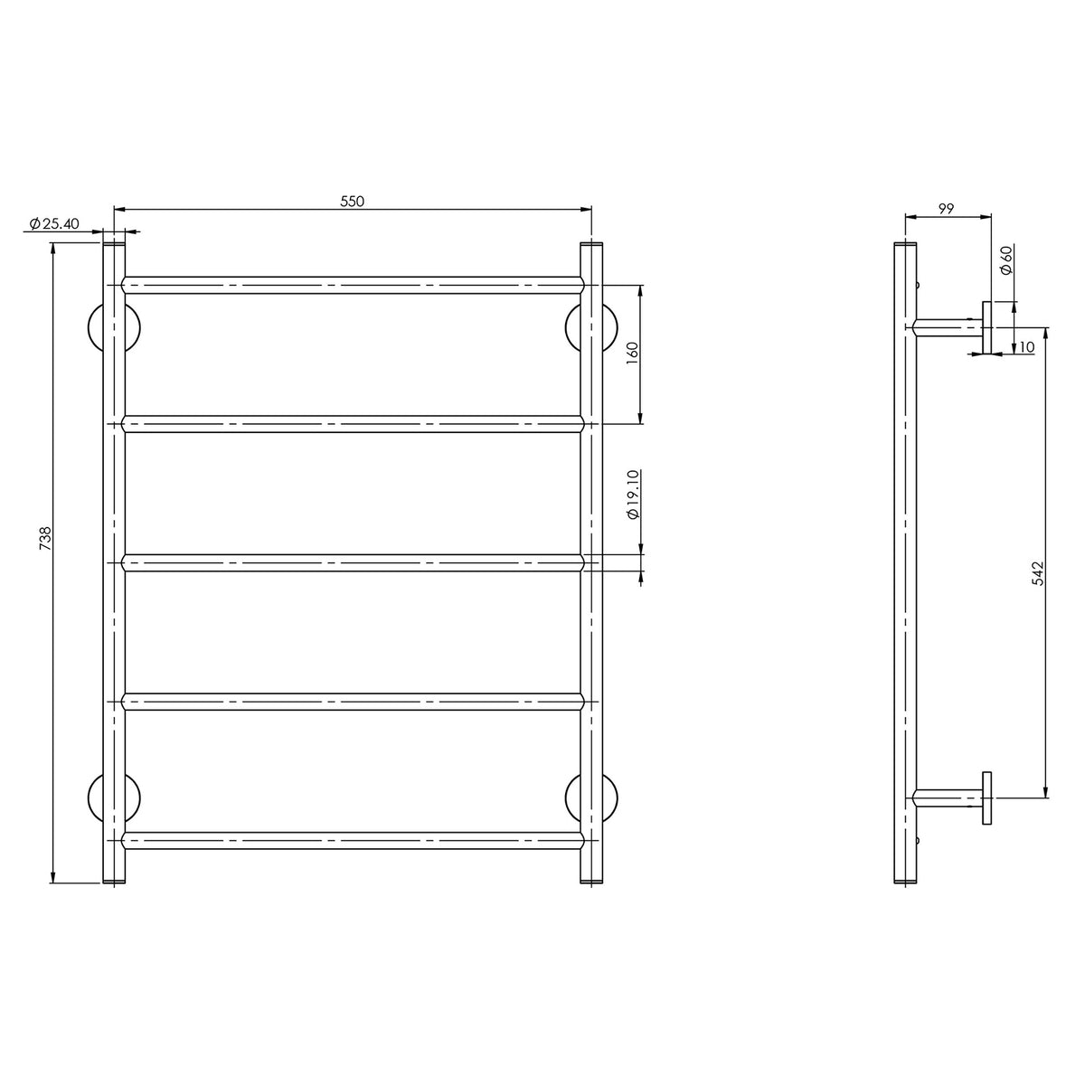RA870_Radii_Towel_Ladder_550_x_740mm_Round_Plate_Line_Drawing line drawing