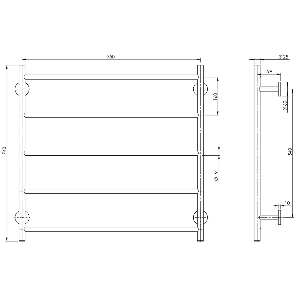 RA871_Radii_Towel_Ladder_750mm_x_740mm_Round_Line_Drawing line drawing