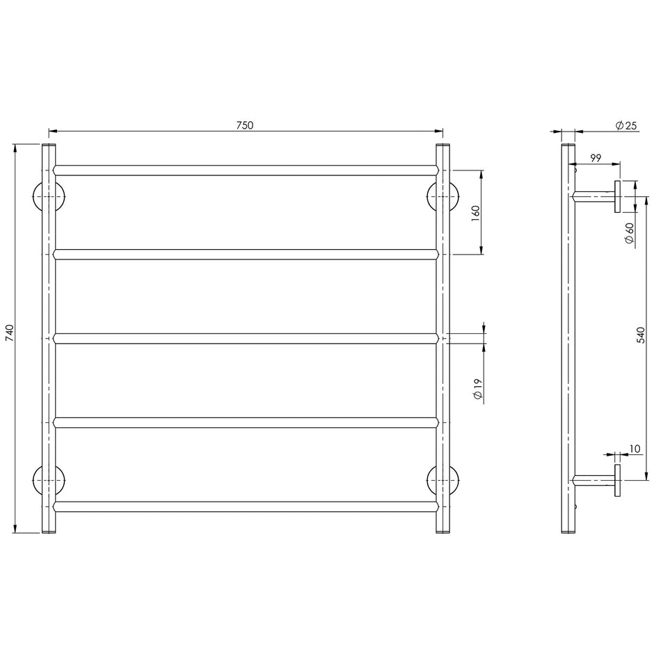RA871_Radii_Towel_Ladder_750mm_x_740mm_Round_Line_Drawing line drawing