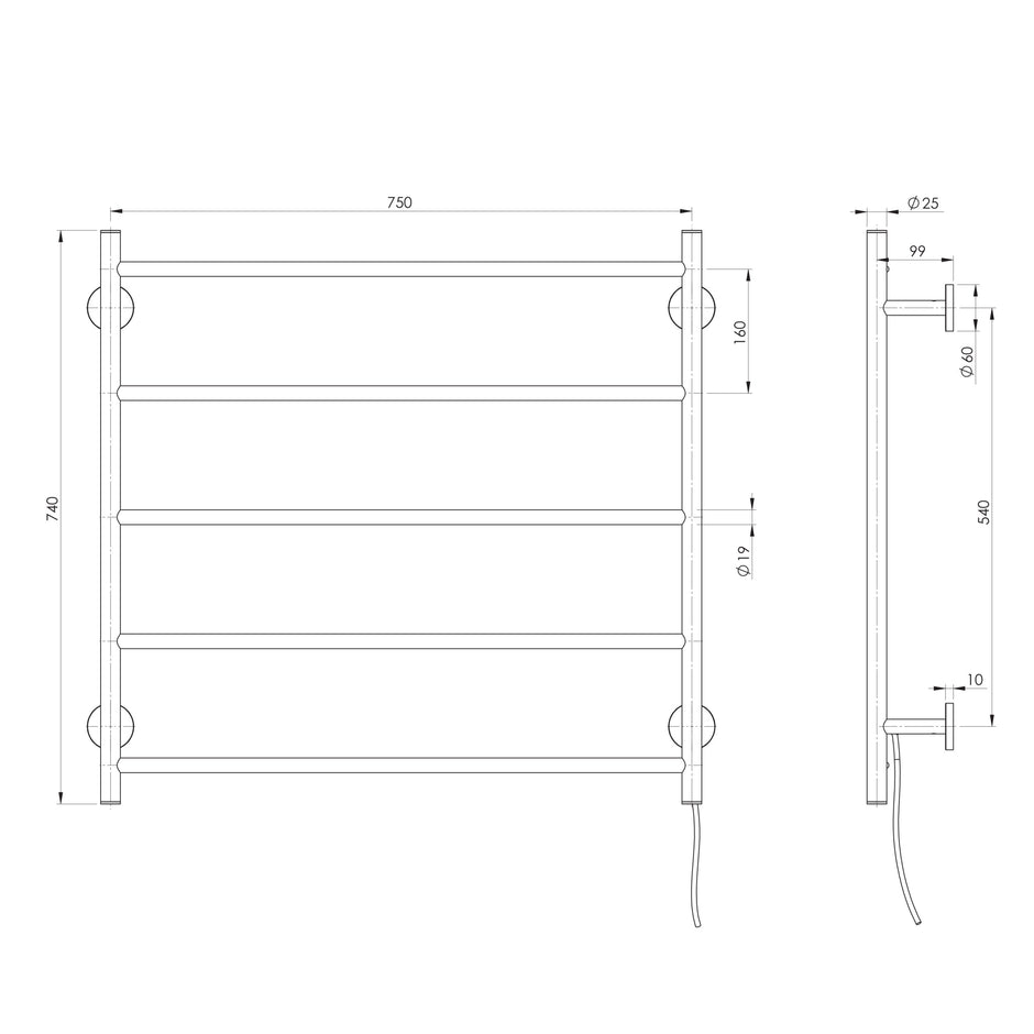 RA8751 Radii Heated Towel Ladder 750mm x 740mm Round  scaled line drawing
