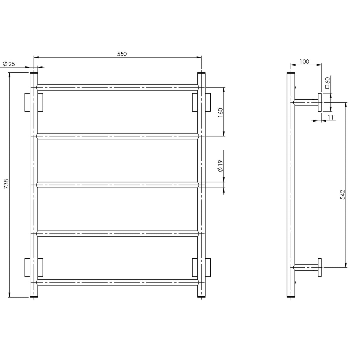 RS870_Radii_Towel_Ladder_550_x_740mm_Square_Plate_Line_Drawing line drawing