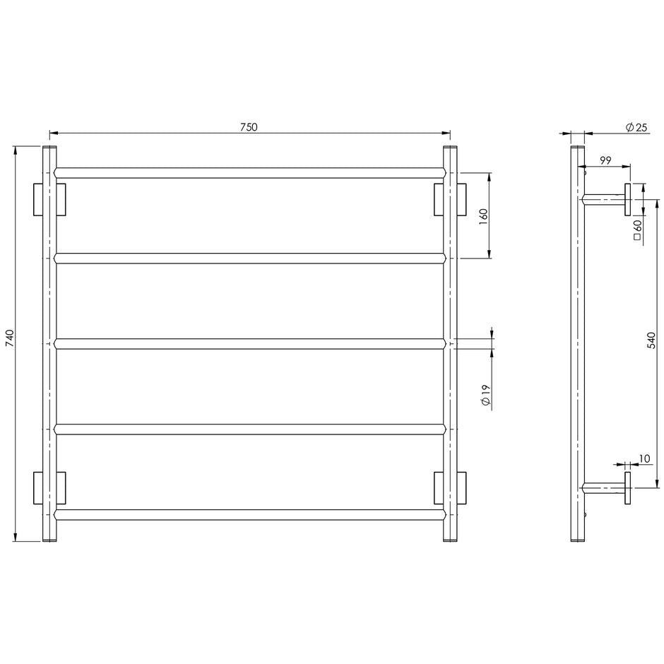RS871_Radii_Towel_Ladder_750mm_x_740mm_Square_Line_Drawing line drawing