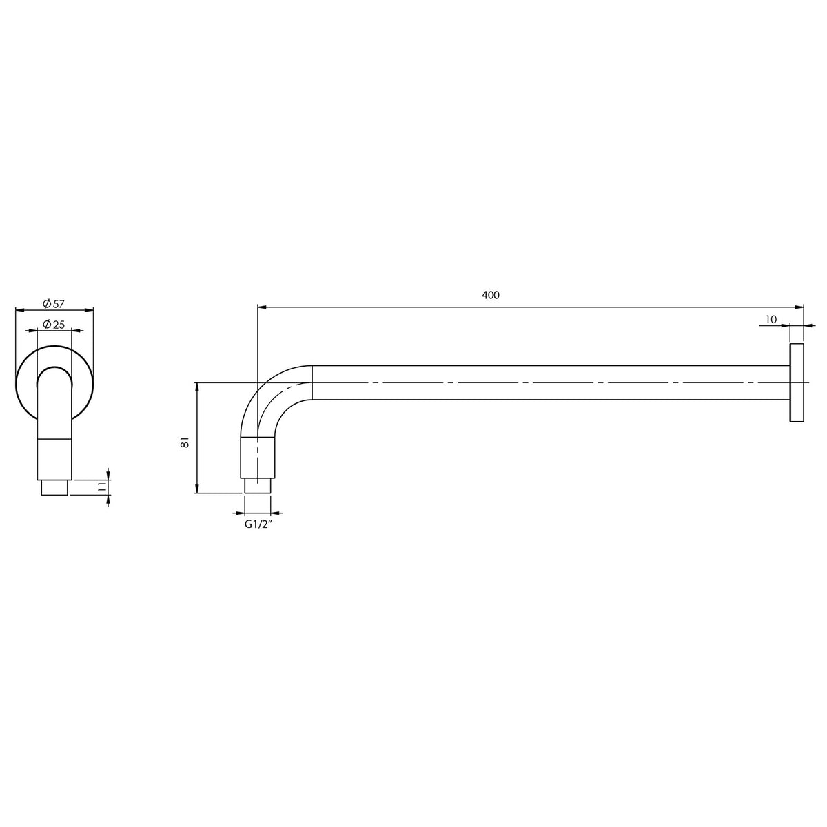 Phoenix Vivid Shower Arm 400mm Round in Brushed Bronze line drawing