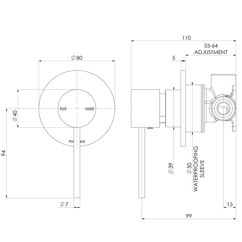 VS2805 1 Vivid Slimline SwitchMix Shower Wall Mixer Fit Off Kit line drawing