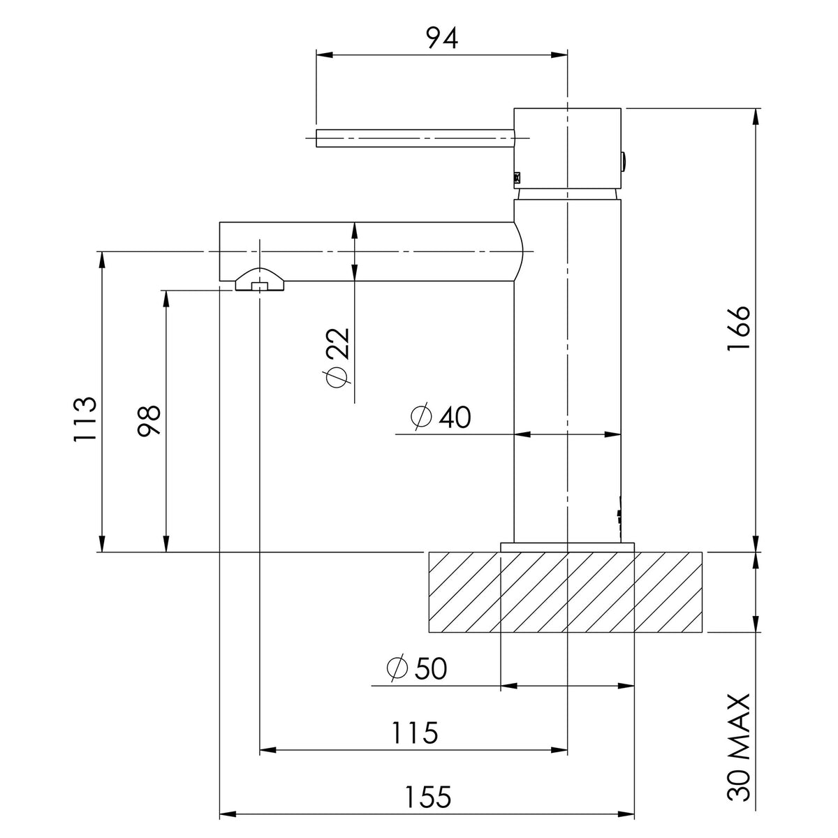 VS770_Vivid_Slimline_Basin_Mixer_Line_Drawing line drawing