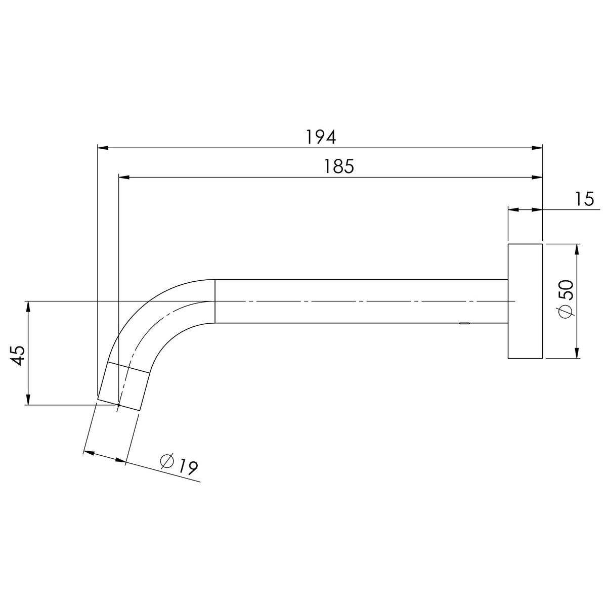 Phoenix Vivid Slimline Wall Basin Outlet 180mm Curved Black bath spout line drawing
