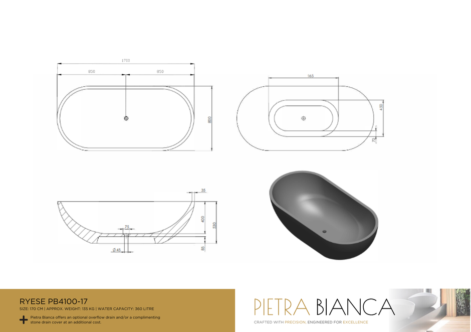 Pietra Bianca Ryese 1700mm Freestanding Bath