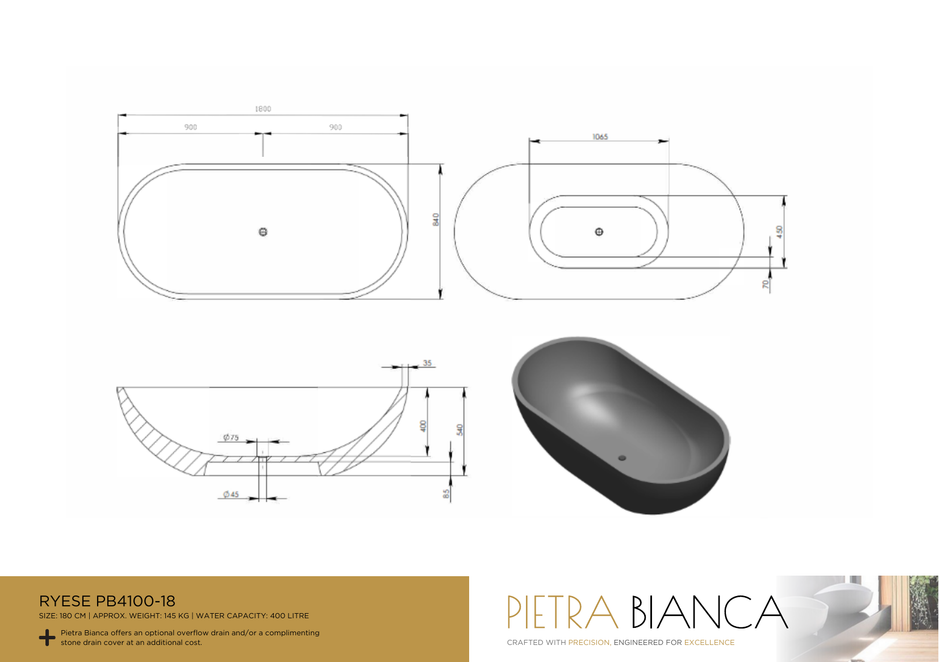 Pietra Bianca Ryese 1800mm Freestanding Bath