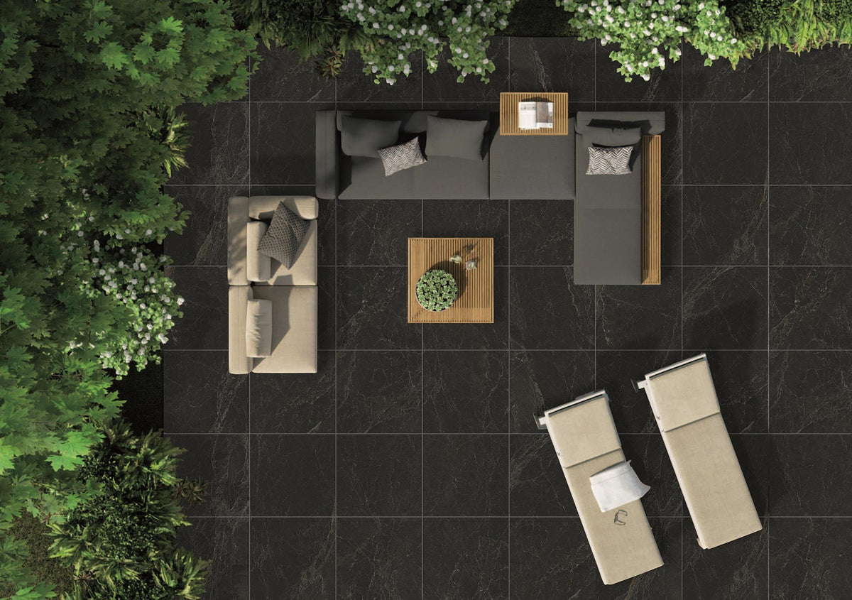 Pietra Black External Stone Look Porcelain Tiles in a room setting