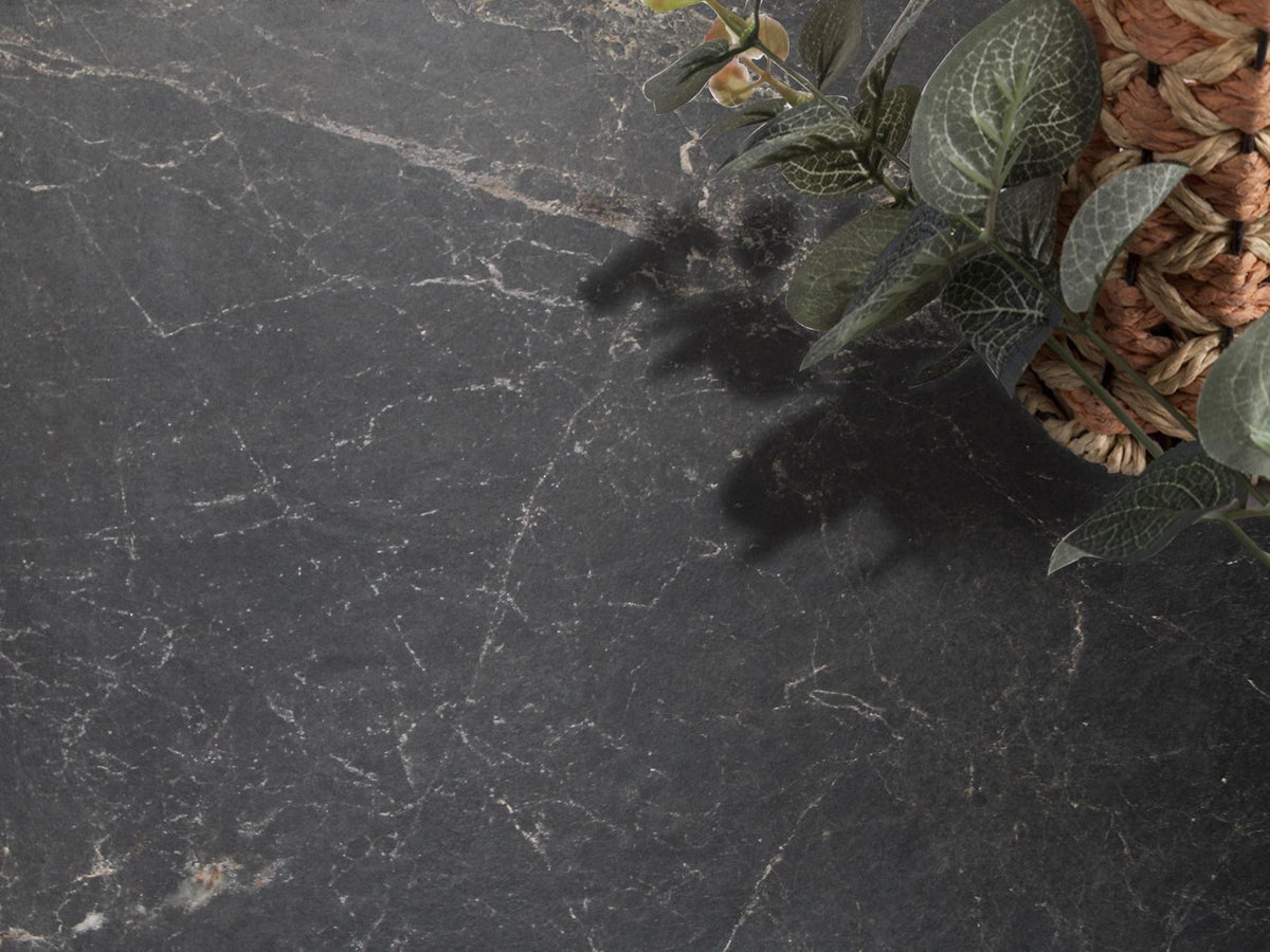 Pietra Black Matt Stone Look Porcelain Tiles 600x600mm in a room setting