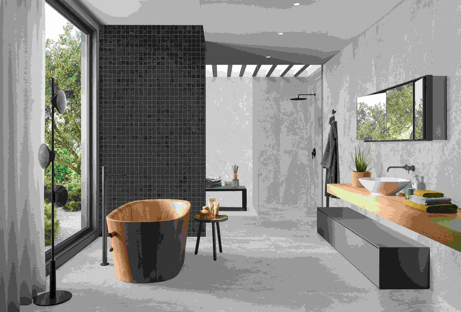 Pietra Black Matt Tumbled Porcelain Mosaic in a room setting
