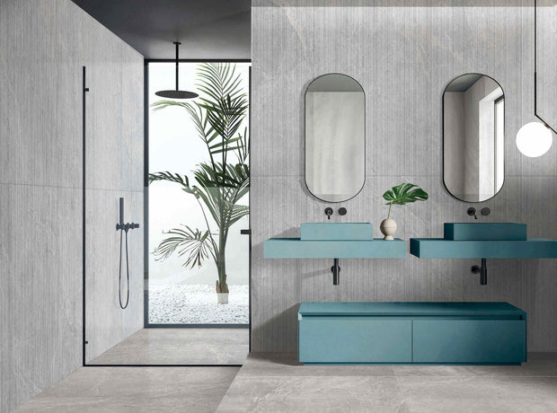 Pietra Leaden 3D Chisel Matt Stone Look Porcelain Tiles in a room setting