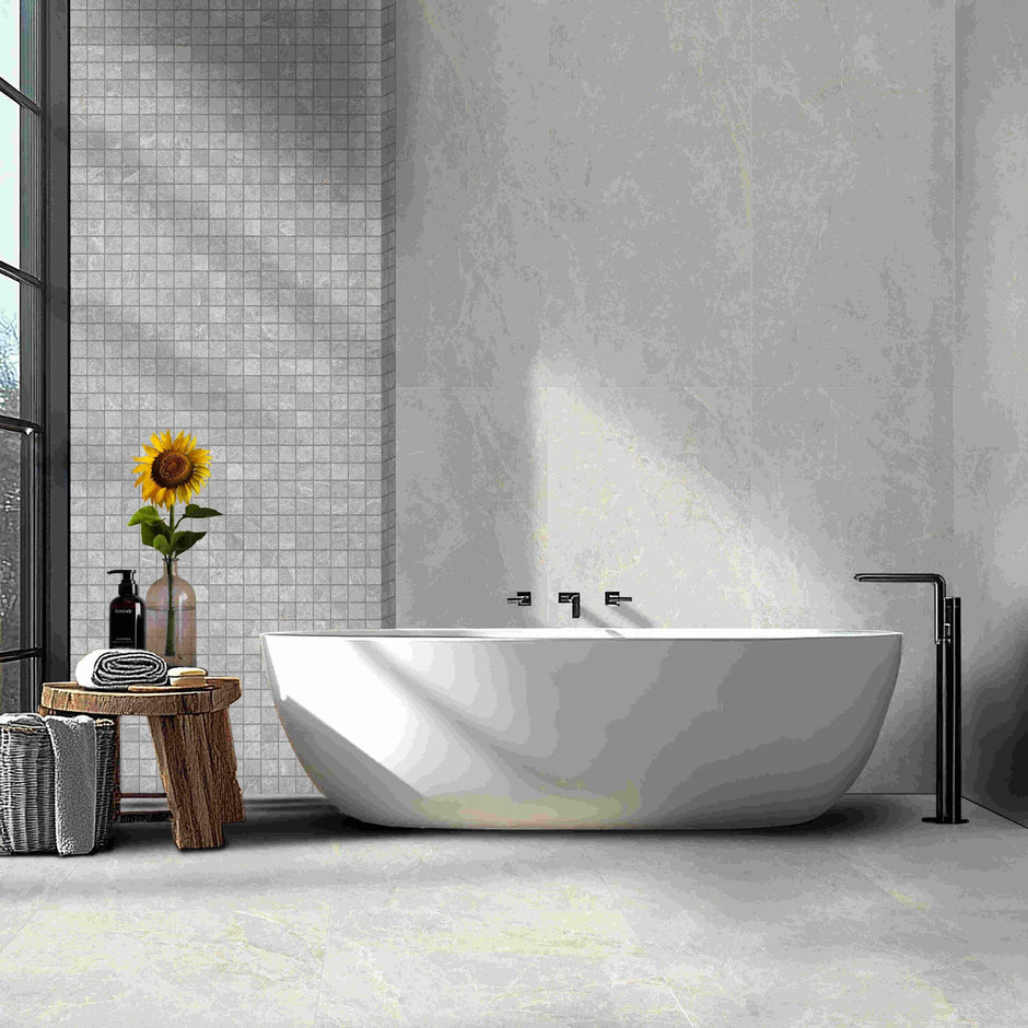 Pietra Leaden Matt Tumbled Porcelain Mosaic in a room setting