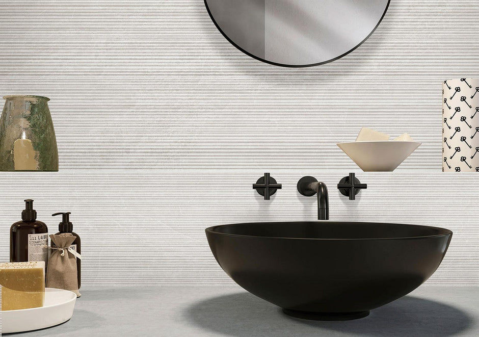 Pietra Milk 3D Chisel Matt Stone Look Porcelain Tiles in a room setting