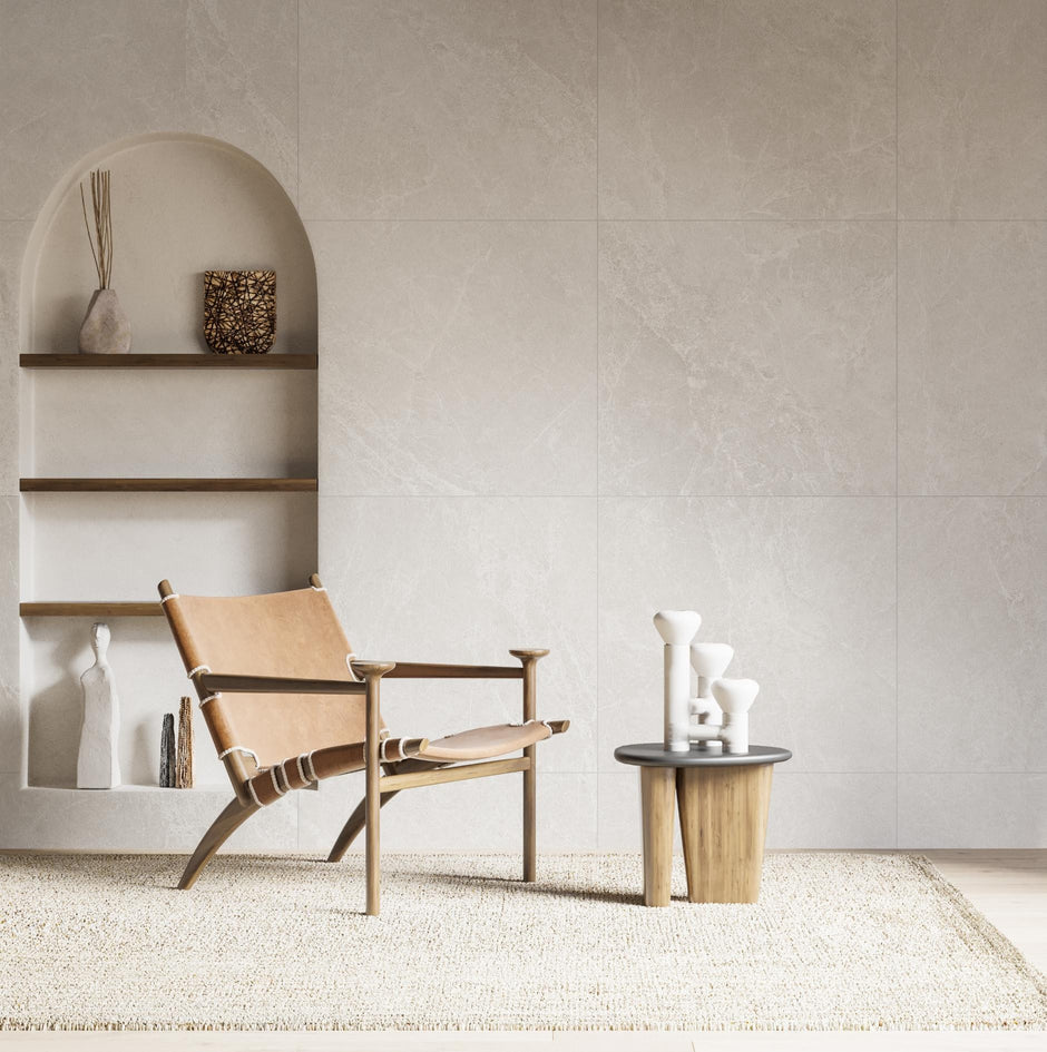 Pietra Milk Matt Stone Look Porcelain Tiles 600x600mm in a room setting