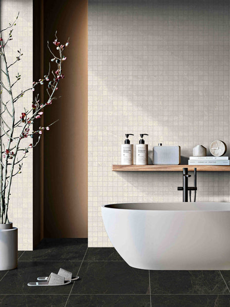 Pietra Milk Matt Tumbled Porcelain Mosaic in a room setting