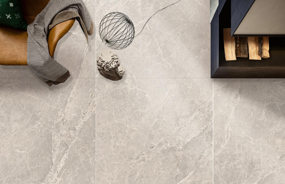 Pietra Sand Matt Stone Look Porcelain Tiles 600x600mm in a room setting