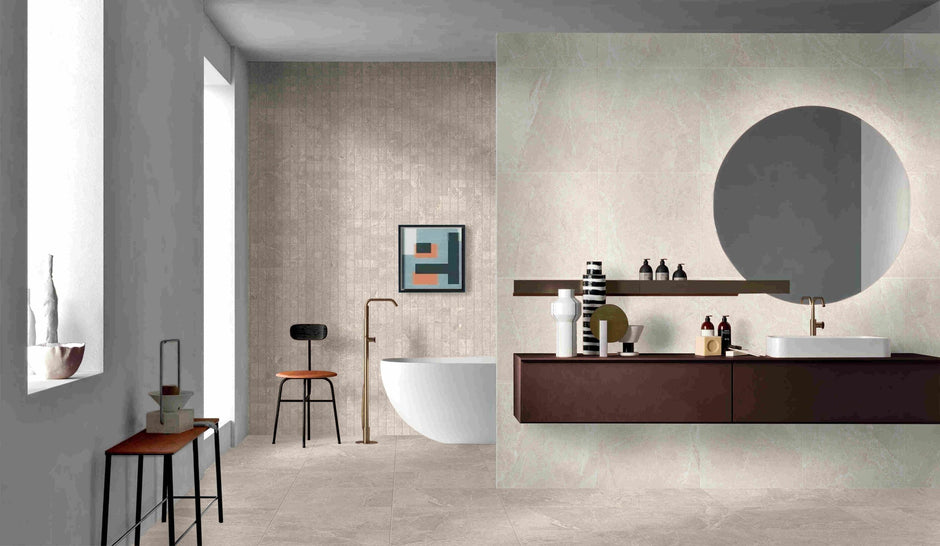 Pietra Sand Matt Tumbled Porcelain Mosaic in a room setting