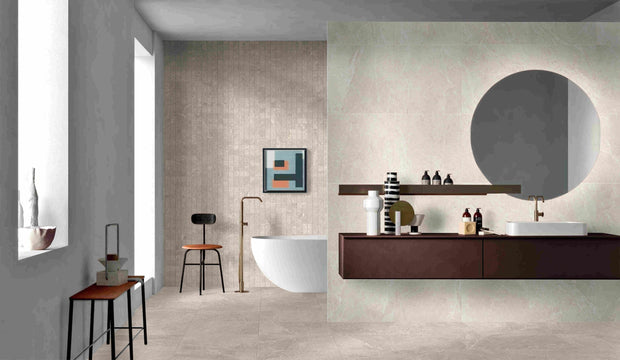 Pietra Sand Matt Tumbled Porcelain Mosaic in a room setting