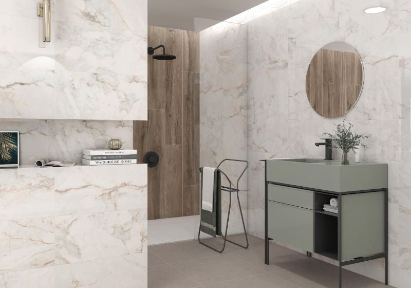 Pisa Gold Polished Marble Look Porcelain Tiles 300x600mm in a room setting