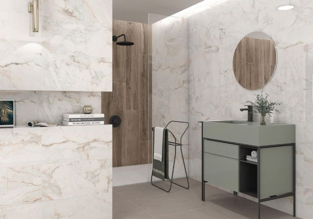 Pisa Gold Polished Marble Look Porcelain Tiles 300x600mm in a room setting